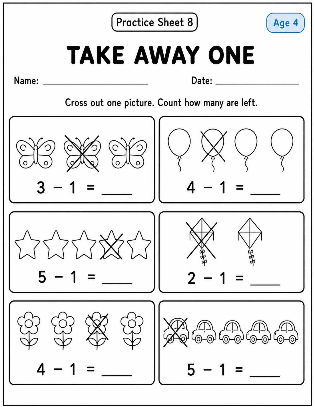 Printable take away one practice sheet 8 for age 4