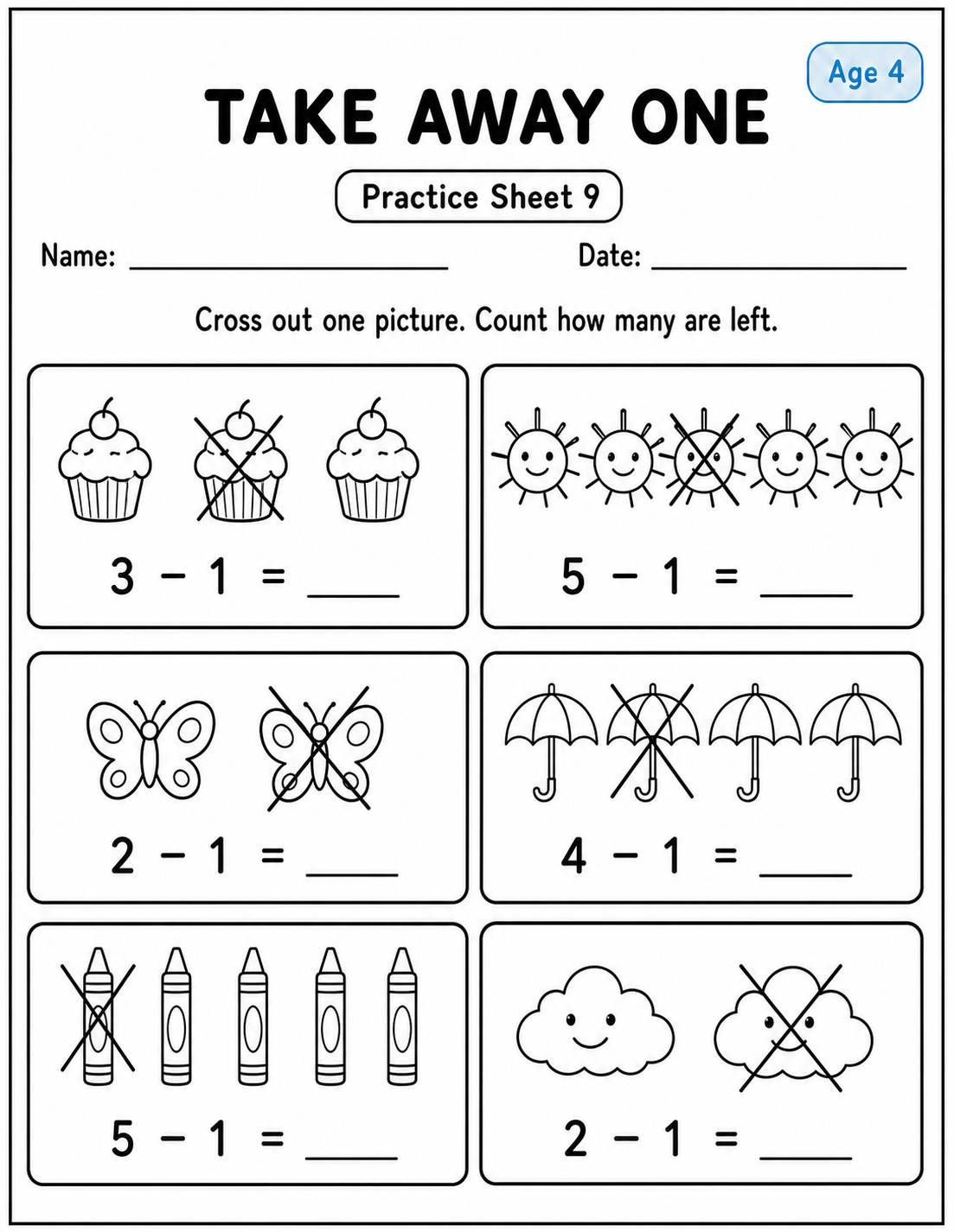 Printable take away one practice sheet 9 for age 4