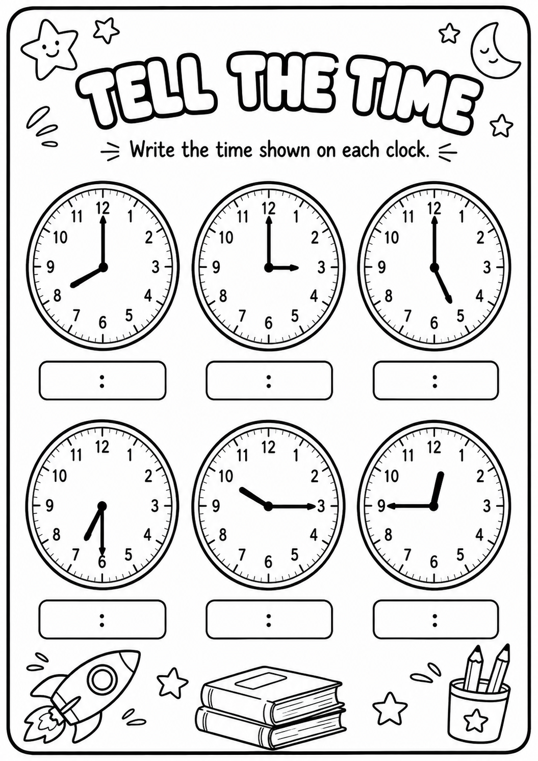 Read six clear analogue clock faces showing hour and half-hour times, then write each answer in the boxes below. This printable clock worksheet helps children practise reading hour and minute hands at ages 7–10.