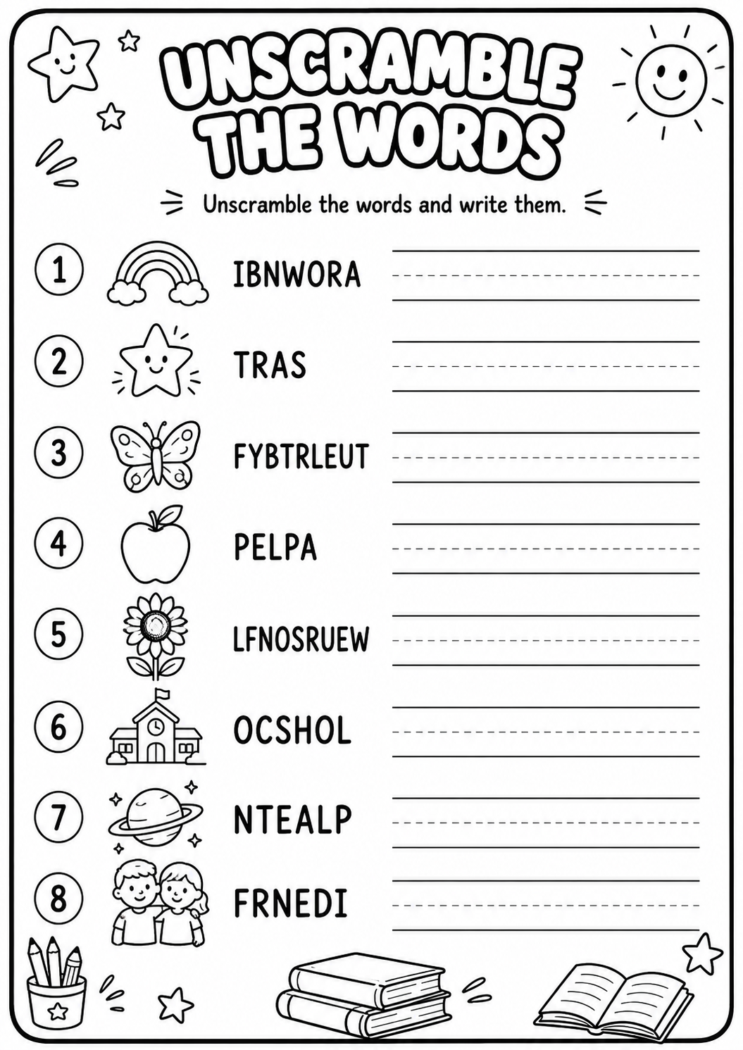 Use eight picture clues to unscramble familiar words such as rainbow, star, butterfly, apple, sunflower, school, planet and friend, then write each answer on the lines. This literacy worksheet supports spelling and vocabulary for age 7.