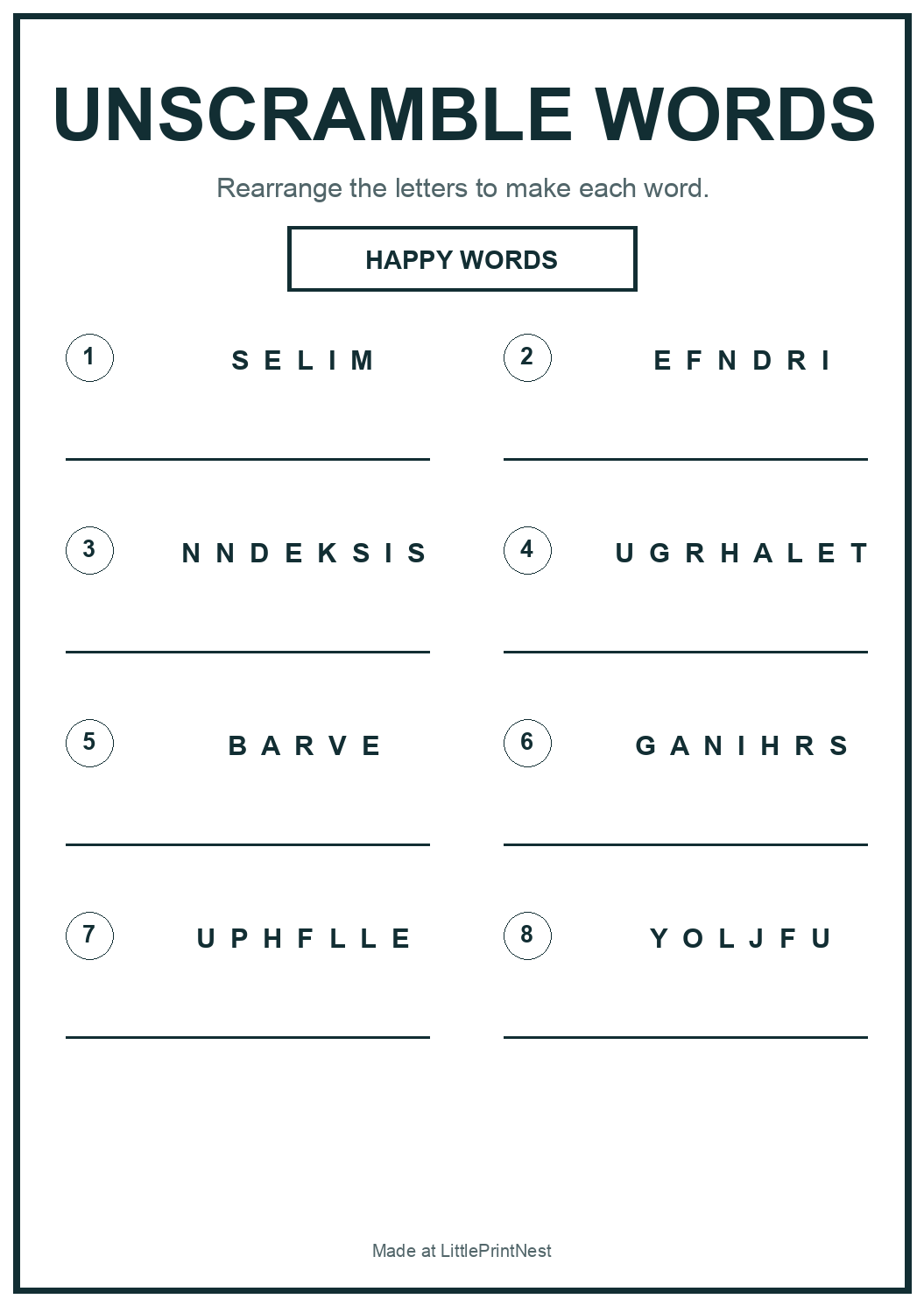 Printable happy words unscramble worksheet with eight positive jumbled words