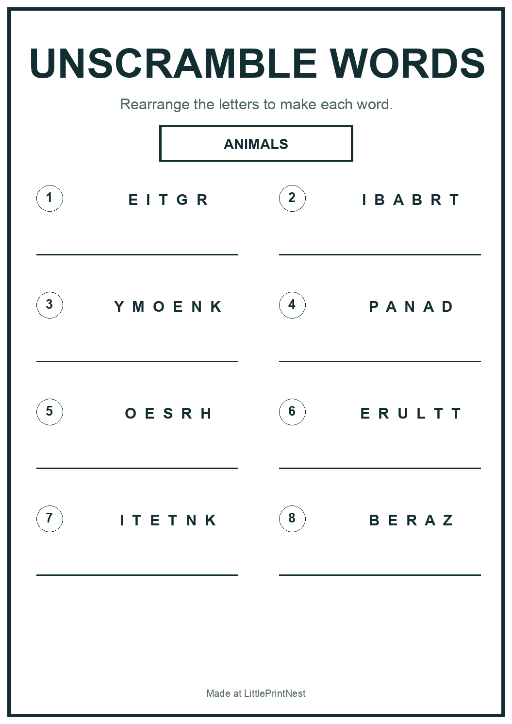 Printable animal words unscramble worksheet with eight jumbled animal names and writing lines
