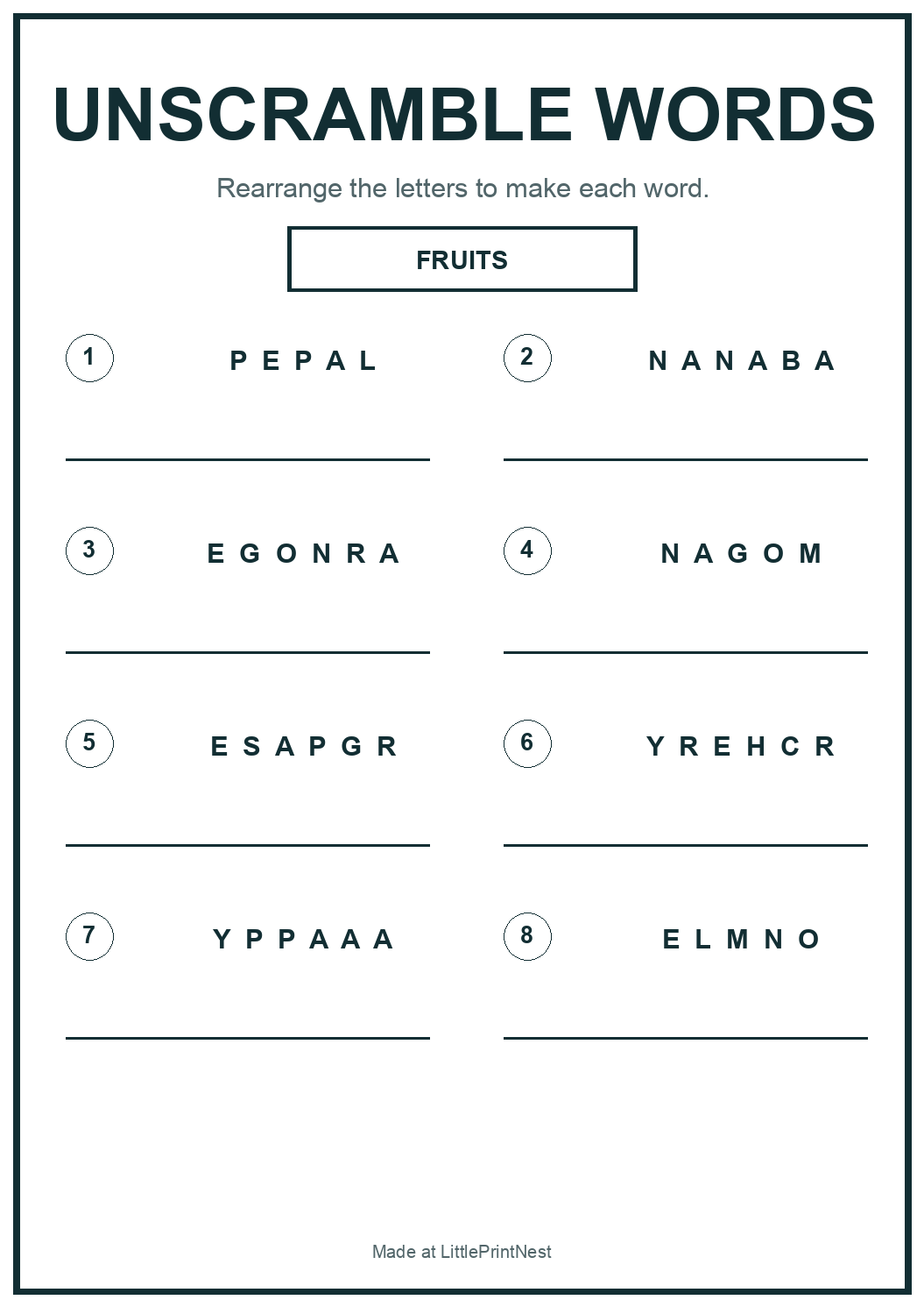 Printable fruit words unscramble worksheet with eight jumbled fruit names