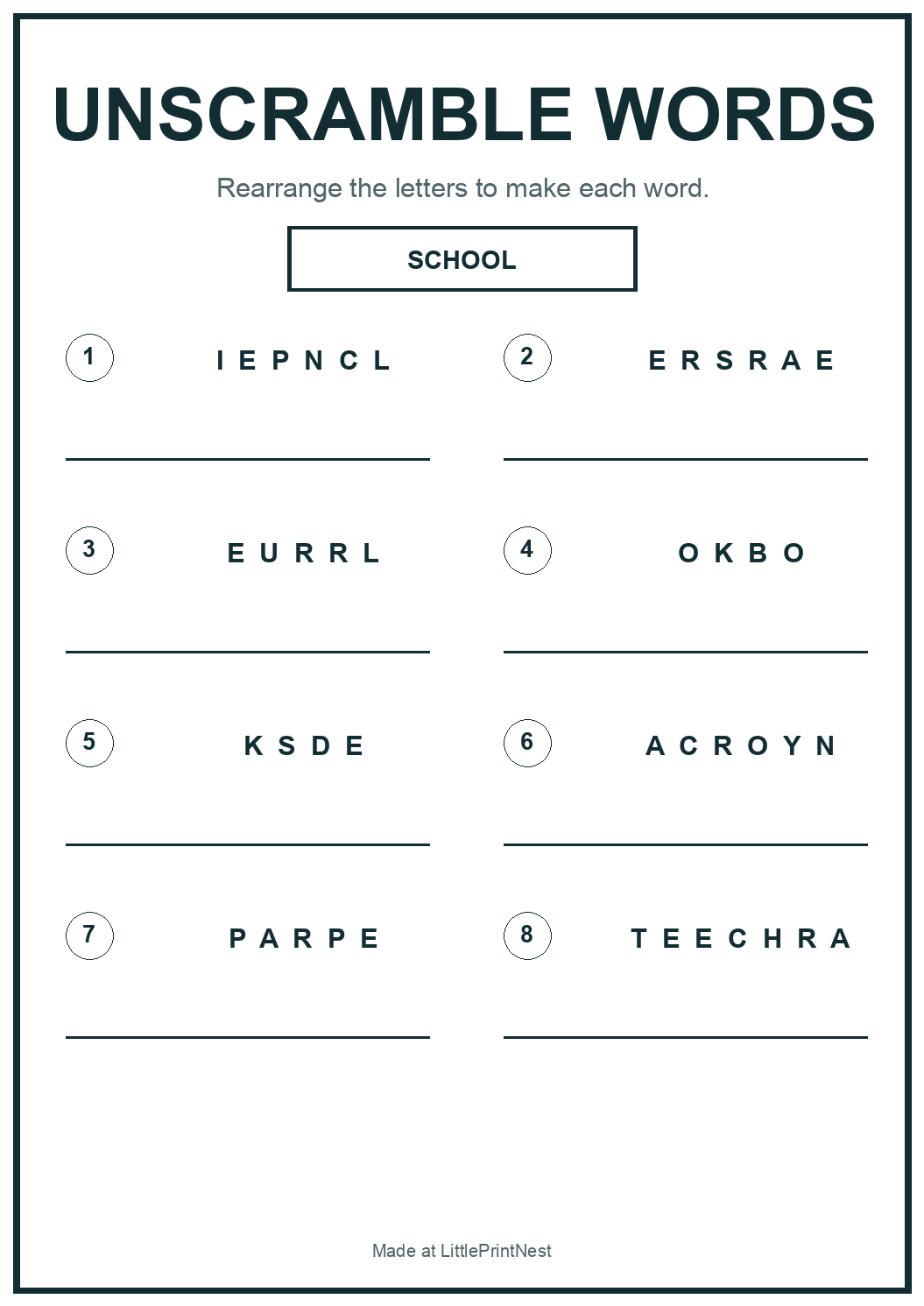 Printable school words unscramble worksheet with eight classroom words
