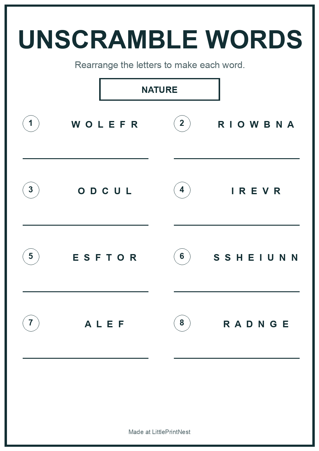 Printable nature words unscramble worksheet with eight jumbled outdoor words