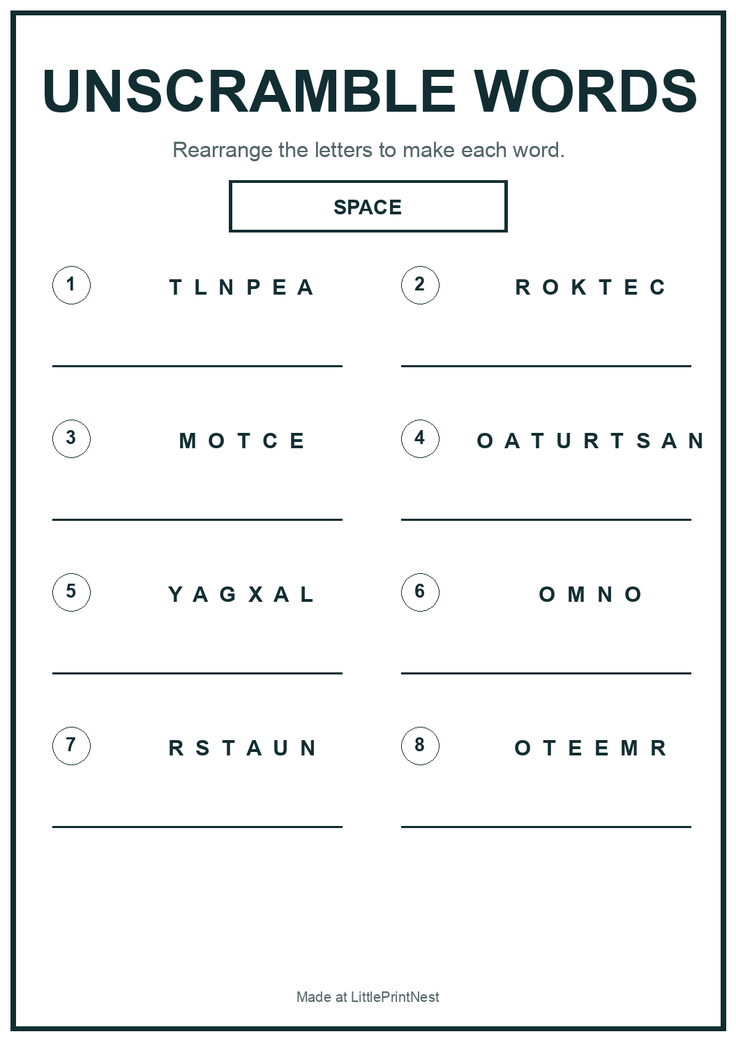 Printable space words unscramble worksheet with eight astronomy words