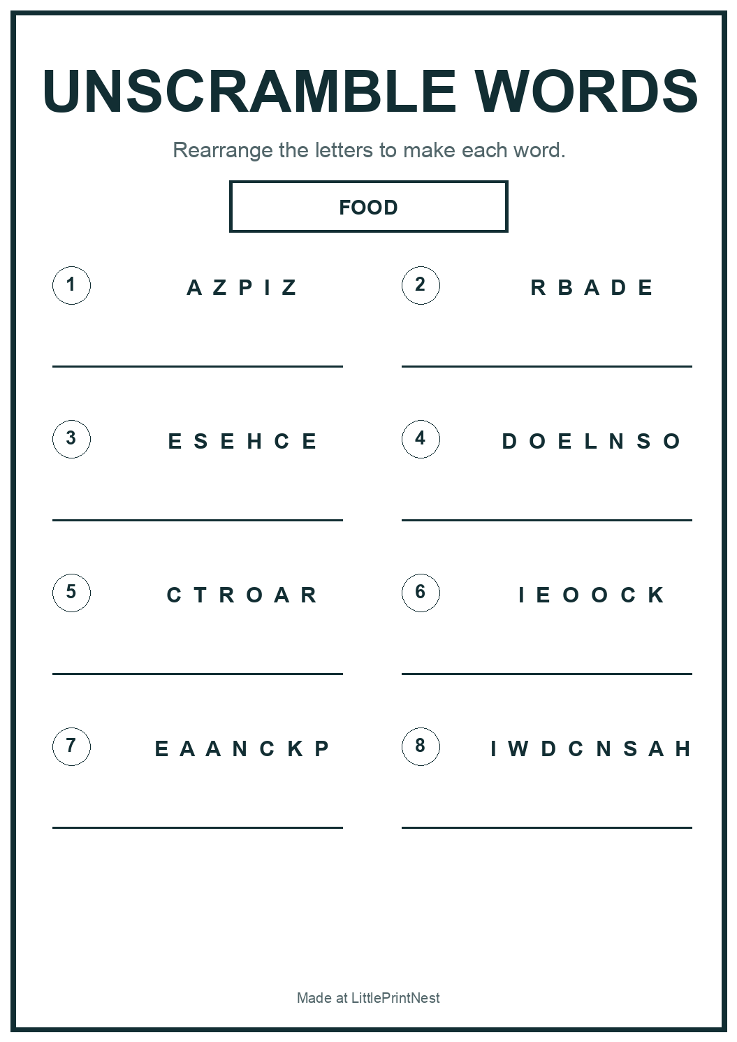 Printable food words unscramble worksheet with eight jumbled food names
