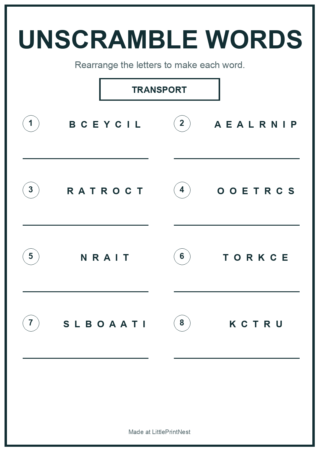 Printable transport words unscramble worksheet with eight jumbled vehicle names