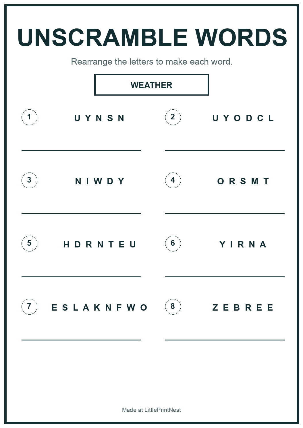 Printable weather words unscramble worksheet with eight jumbled weather terms