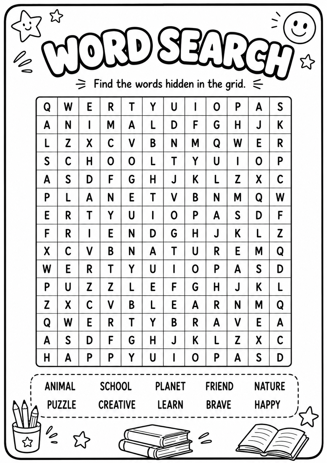 Find ten hidden words—including animal, school, planet, friend, nature, puzzle, creative, learn, brave and happy—in a large letter grid. This printable word-search worksheet builds spelling, scanning and concentration skills for children ages 7–10.