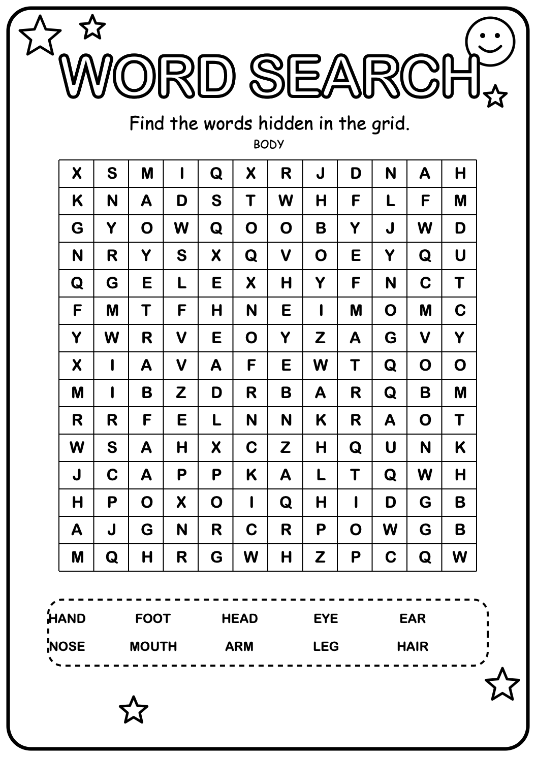 Printable body-parts word-search worksheet containing ten simple body words