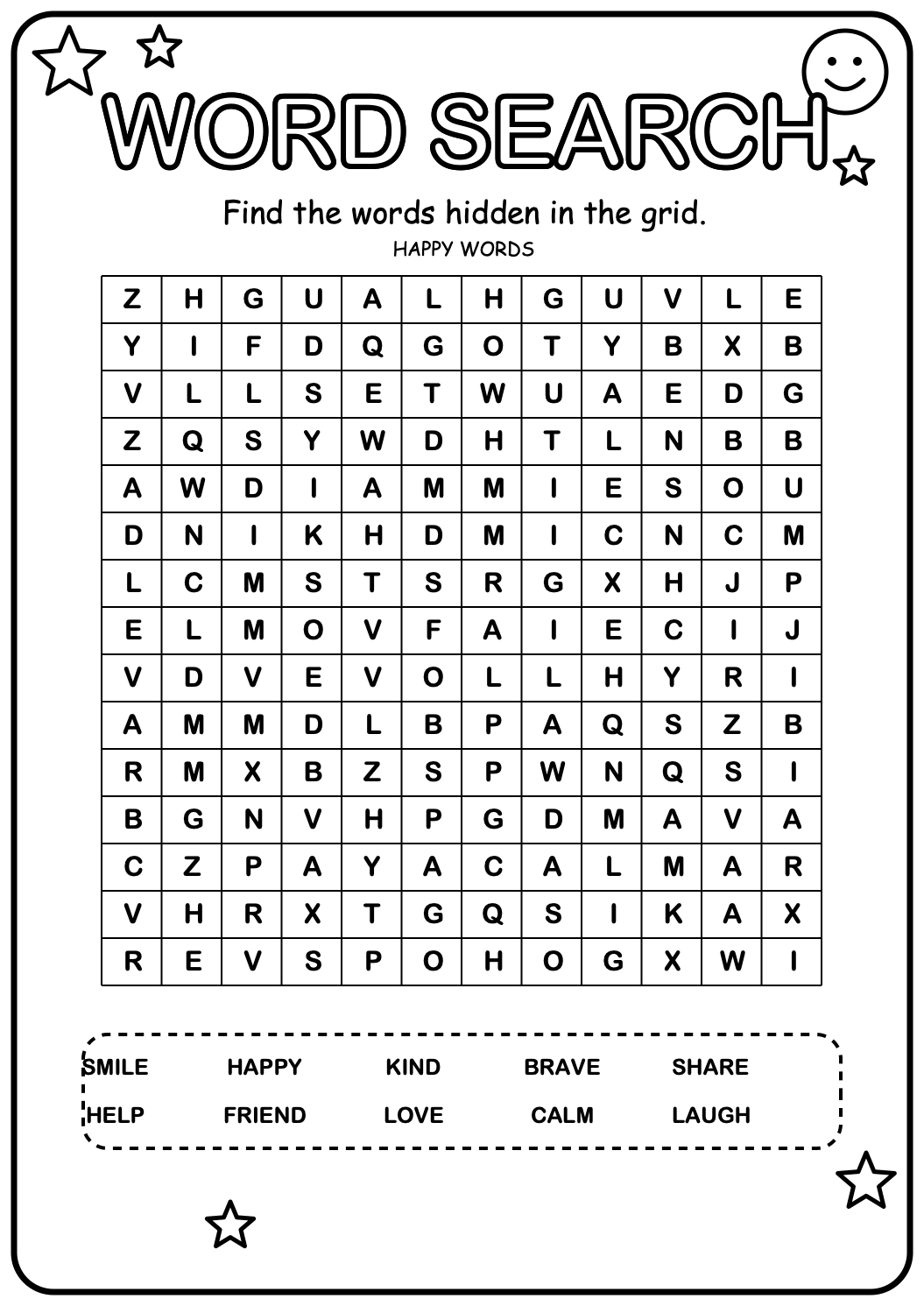 Printable positive-words word-search worksheet with ten friendly and encouraging words