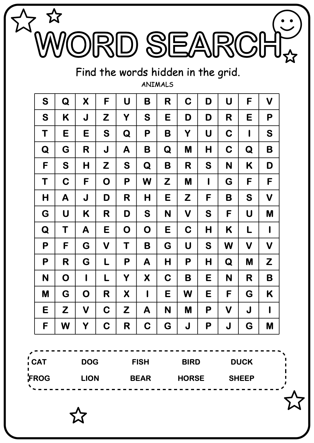 Printable animal word-search worksheet with ten familiar animal names hidden in a large letter grid