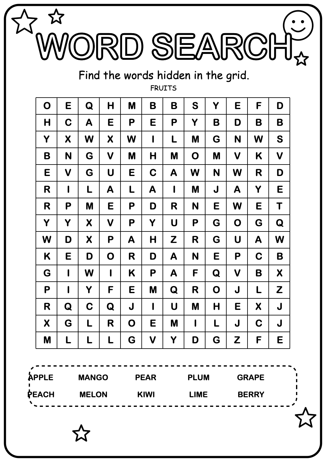 Printable fruit word-search worksheet with ten fruit names hidden horizontally, vertically and diagonally