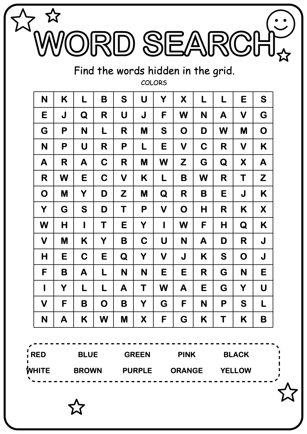 Printable color word-search worksheet containing ten common color names in a large letter grid