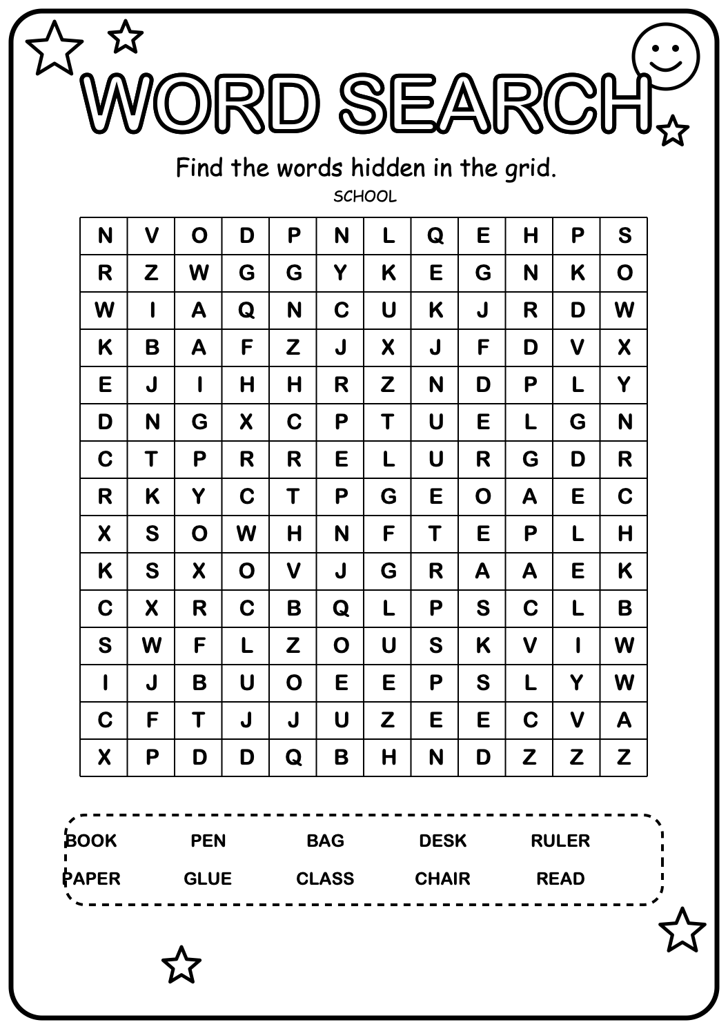 Printable school word-search worksheet with ten classroom and learning words hidden in the grid