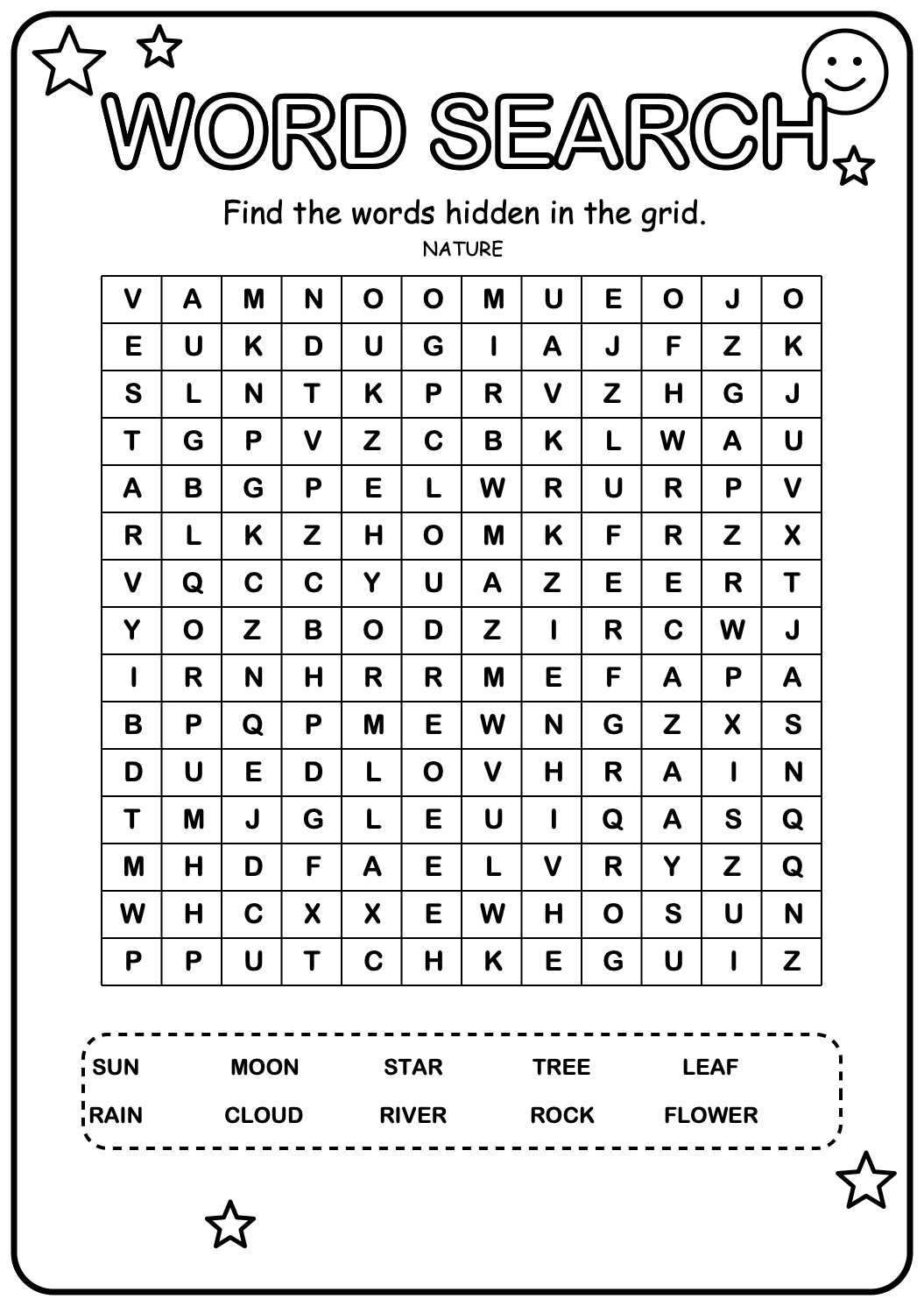 Printable nature word-search worksheet featuring ten weather, sky and outdoor words