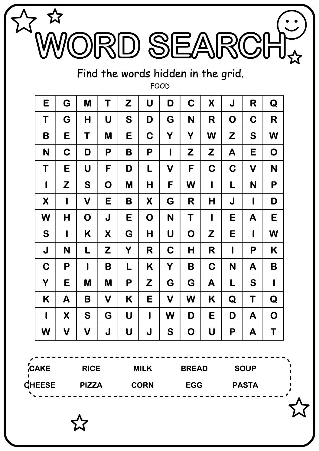 Printable food word-search worksheet with ten familiar food names hidden in a large grid