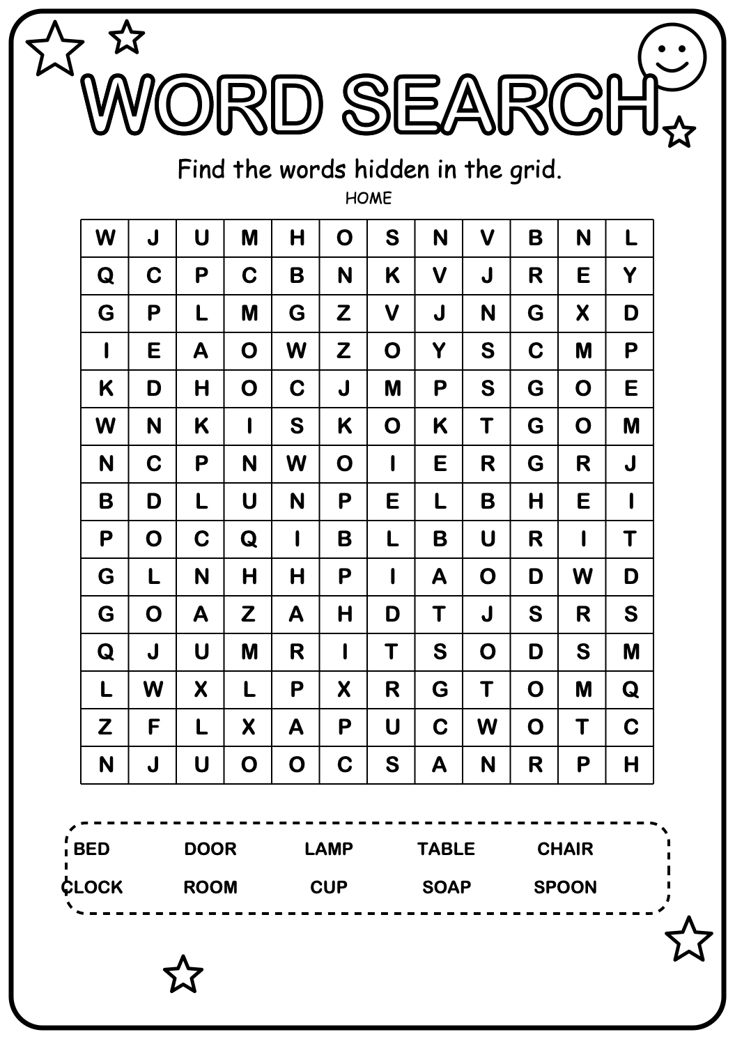 Printable home word-search worksheet with ten household words hidden in the letter grid