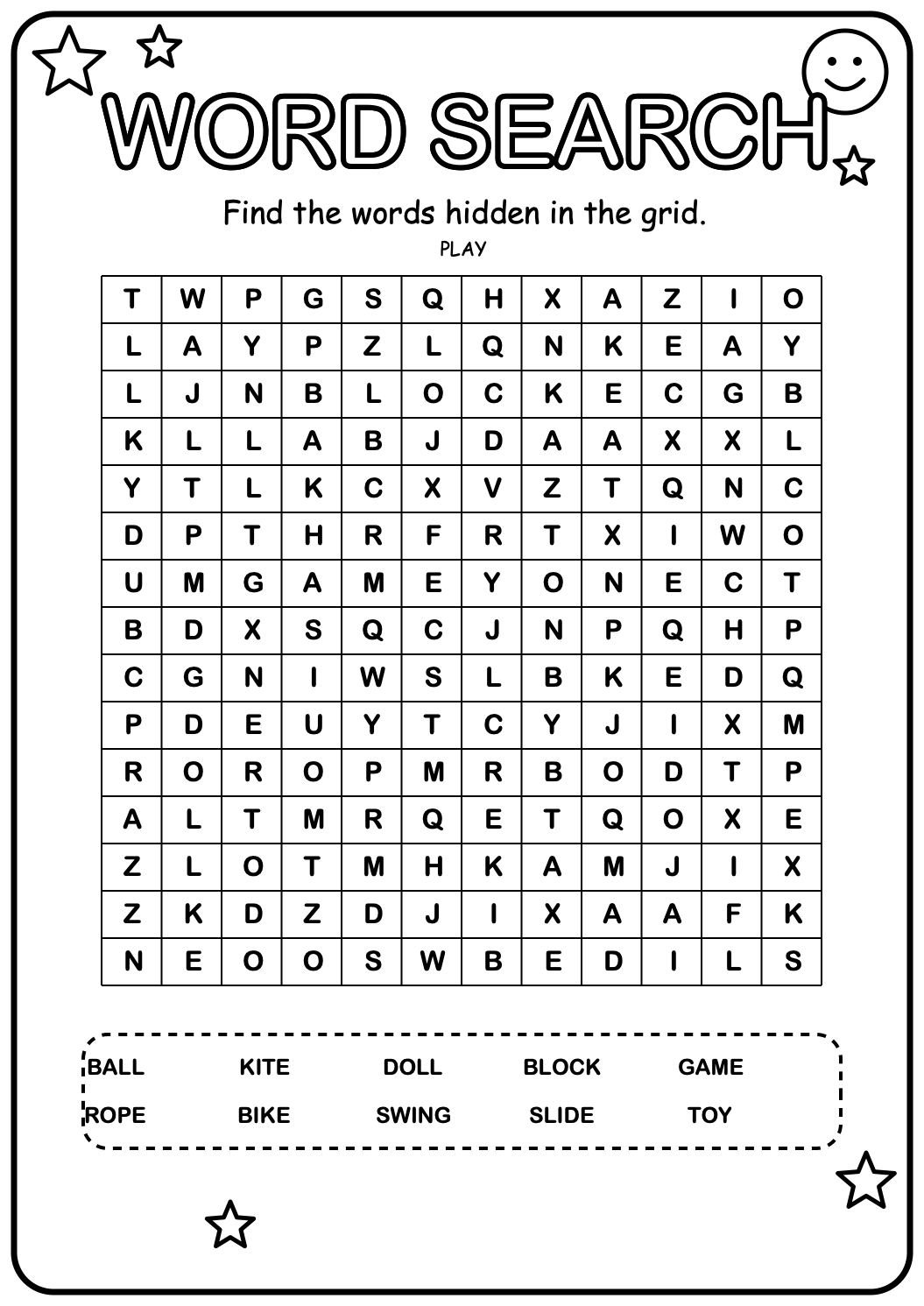 Printable playtime word-search worksheet with ten toy, game and playground words