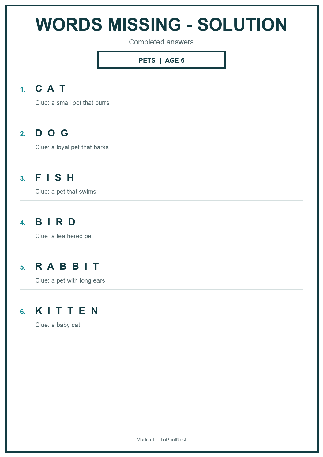 Completed answer key for Pets Words Missing Puzzle for Age 6