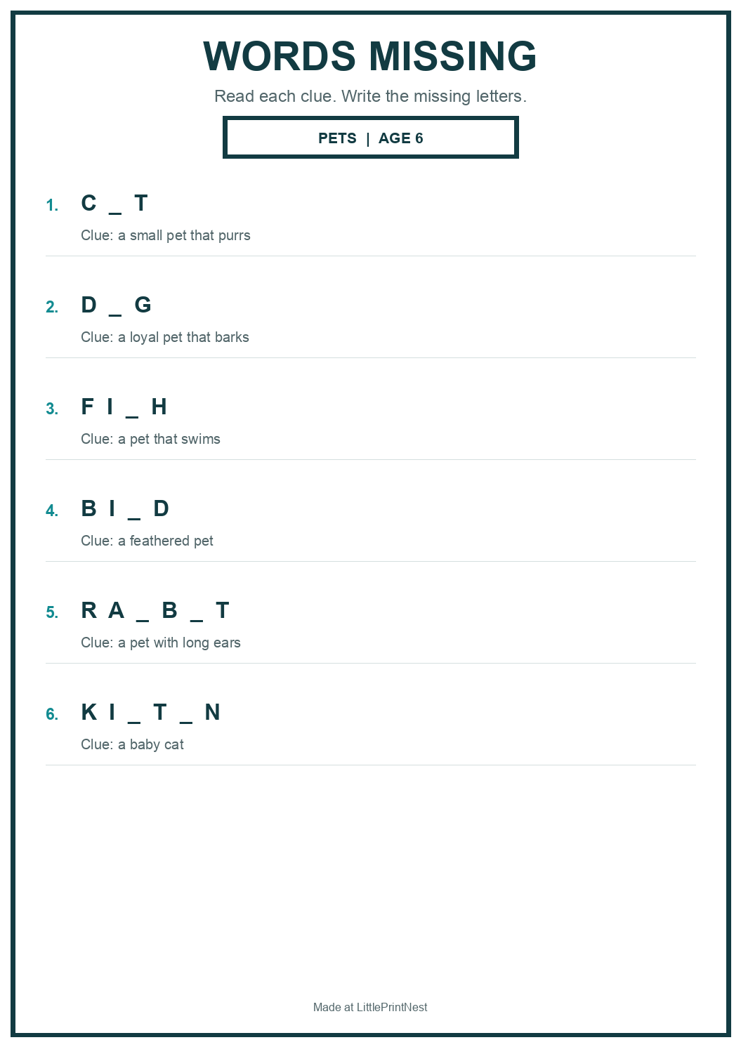 Printable pets words missing worksheet for age 6