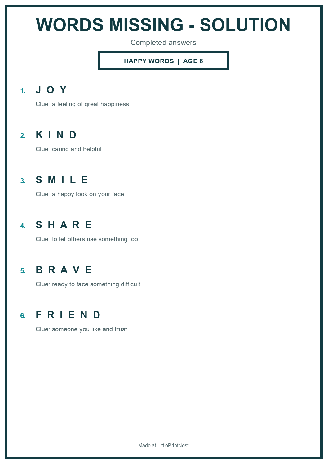 Completed answer key for Happy Words Missing Puzzle for Age 6