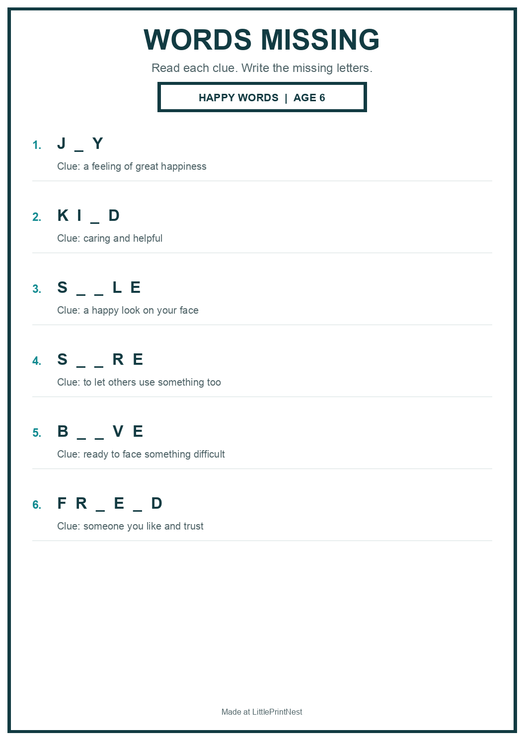 Printable happy words words missing worksheet for age 6