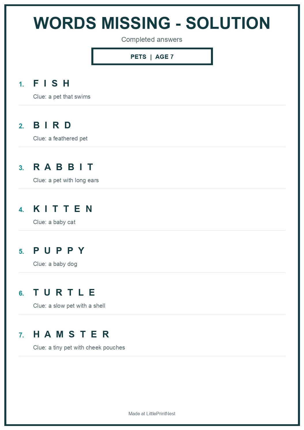 Completed answer key for Pets Words Missing Puzzle for Age 7