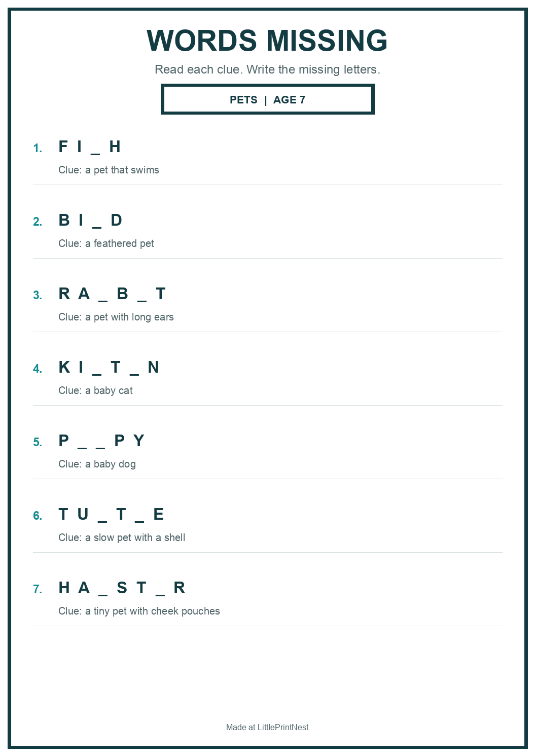 Printable pets words missing worksheet for age 7