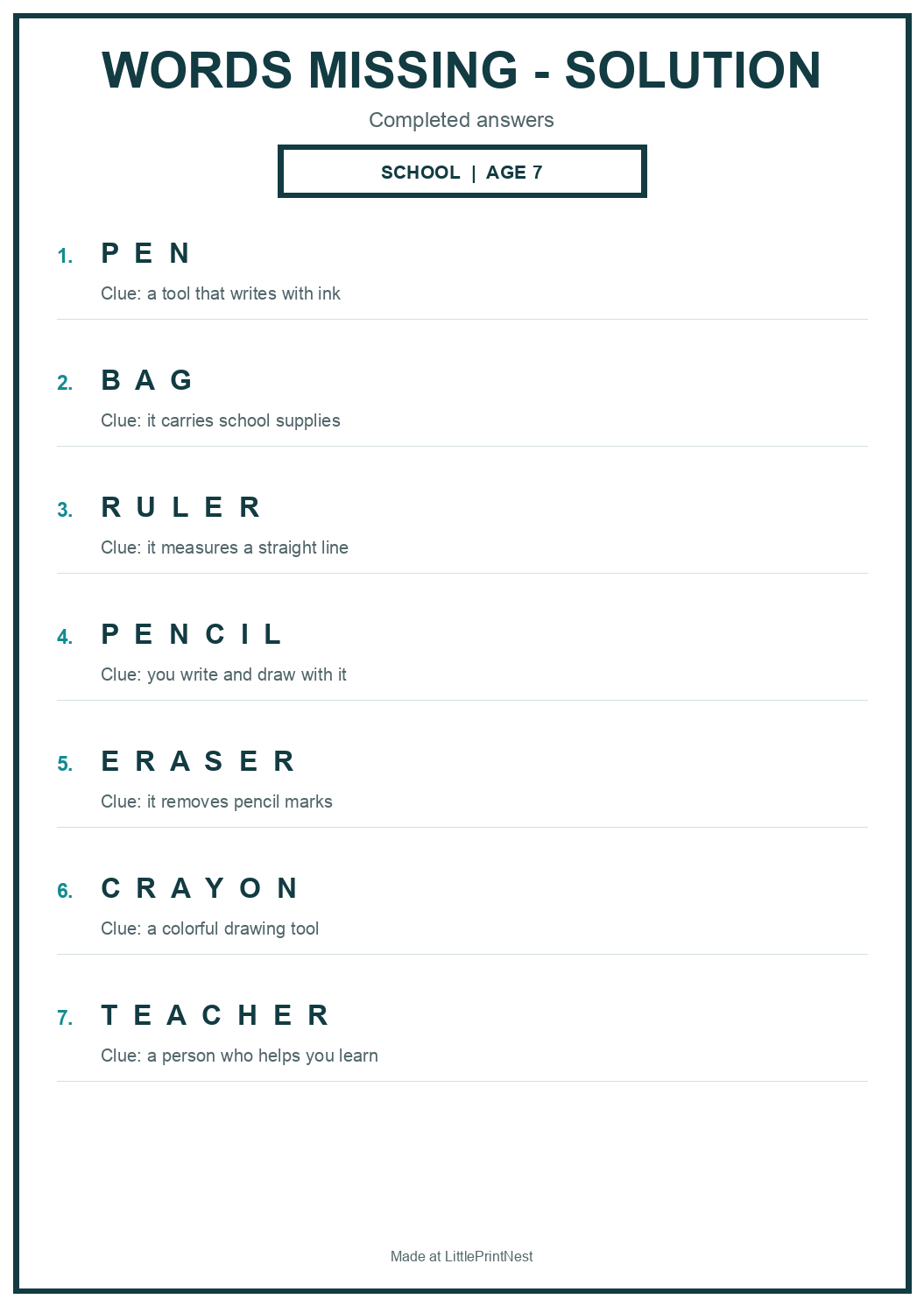 Completed answer key for School Words Missing Puzzle for Age 7