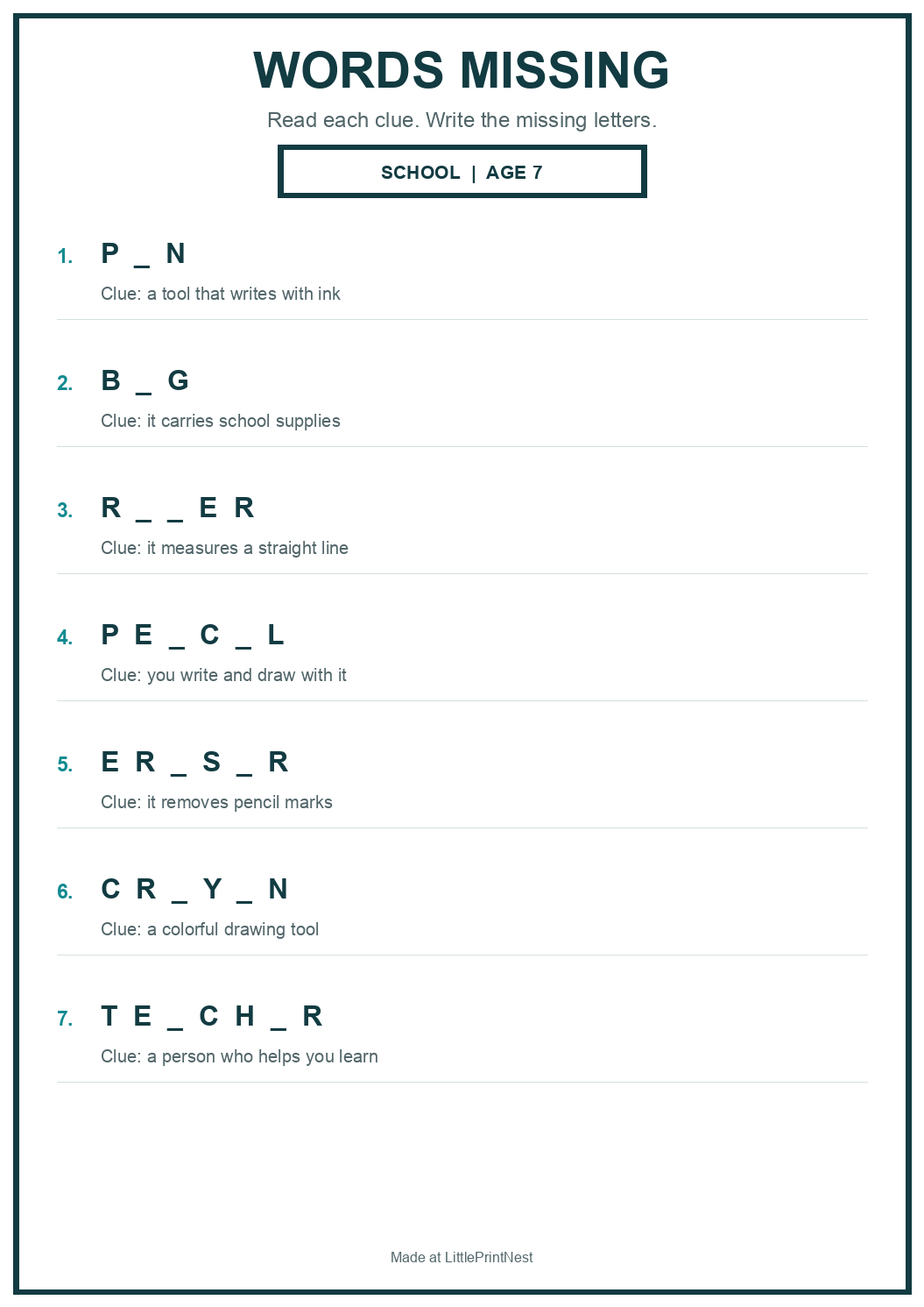 Printable school words missing worksheet for age 7