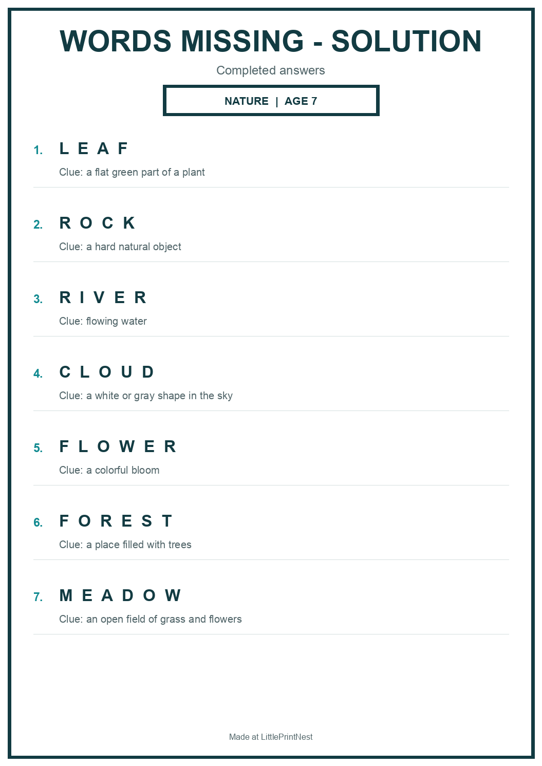 Completed answer key for Nature Words Missing Puzzle for Age 7