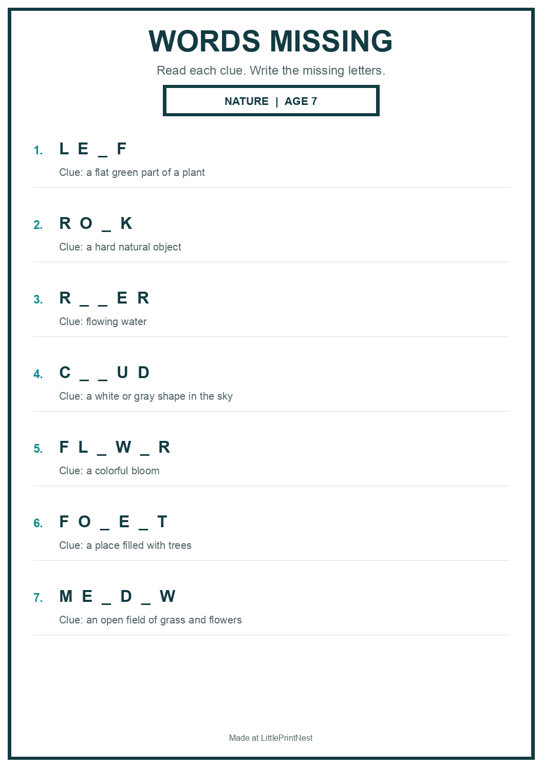 Printable nature words missing worksheet for age 7