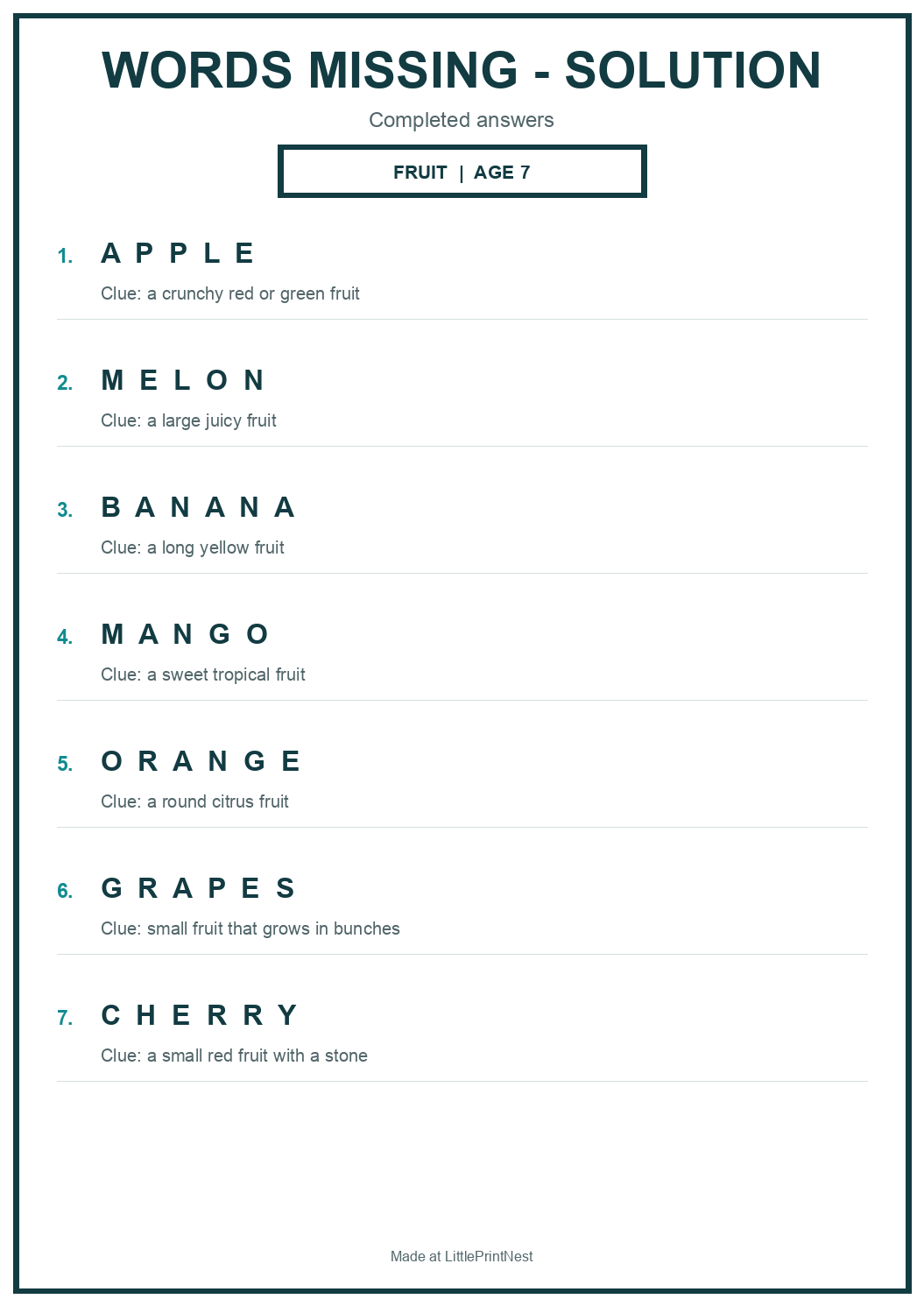 Completed answer key for Fruit Words Missing Puzzle for Age 7