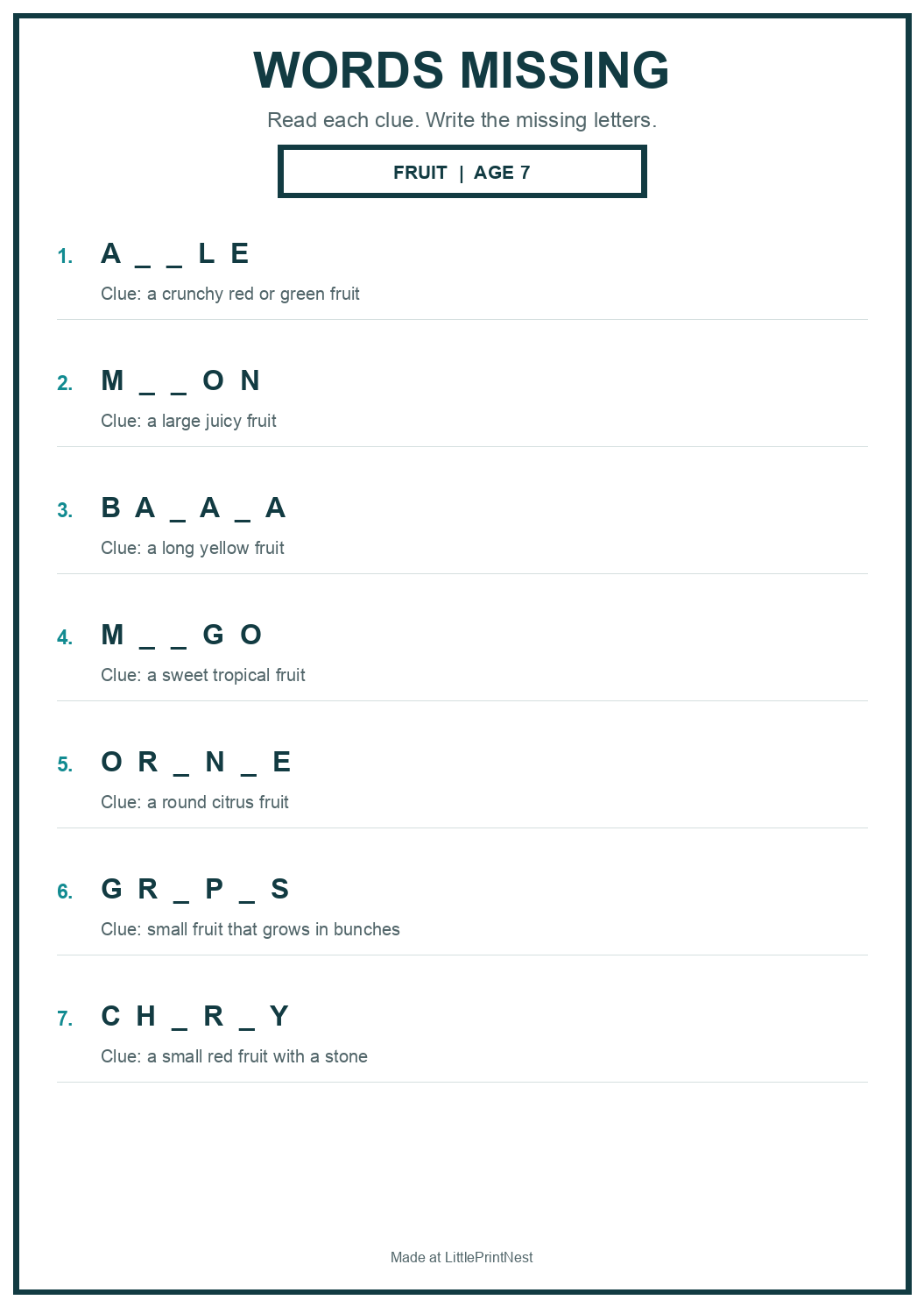 Printable fruit words missing worksheet for age 7