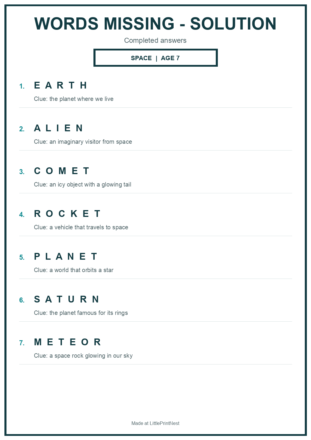 Completed answer key for Space Words Missing Puzzle for Age 7