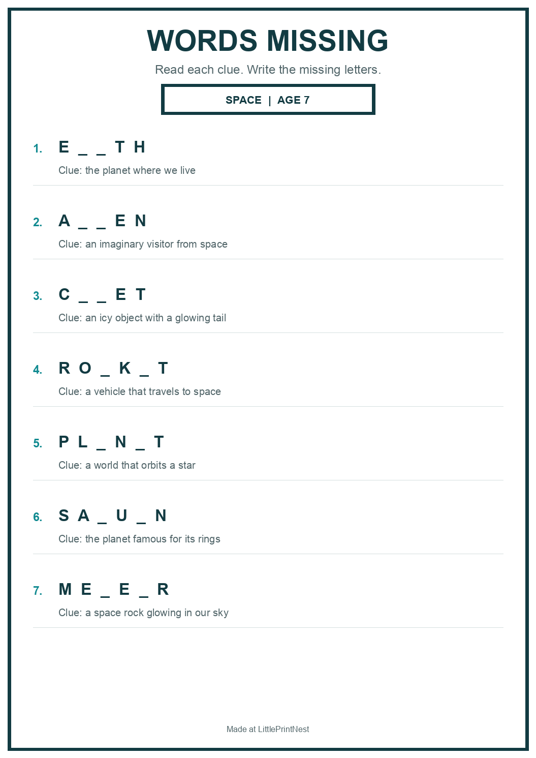 Printable space words missing worksheet for age 7