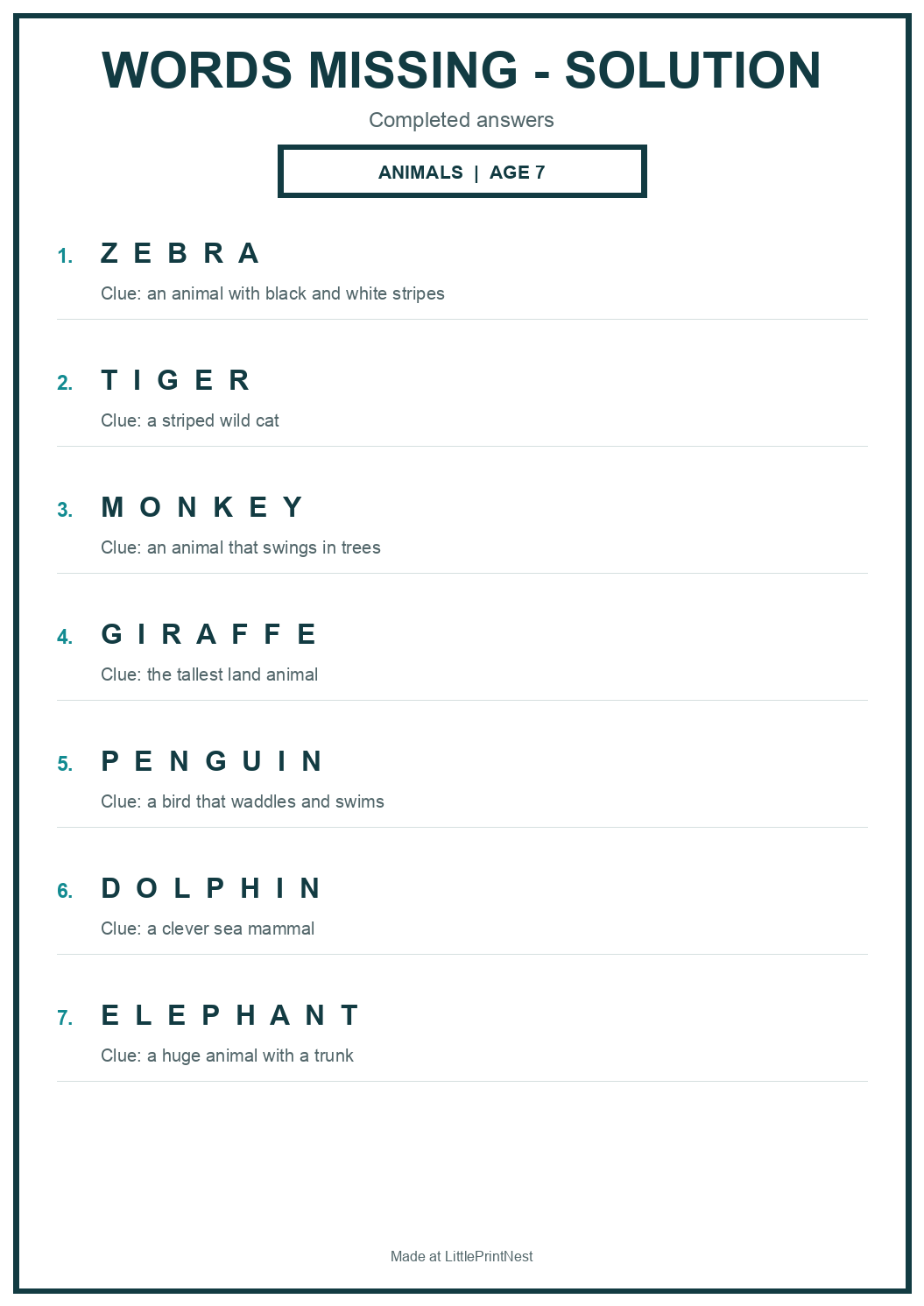 Completed answer key for Animals Words Missing Puzzle for Age 7