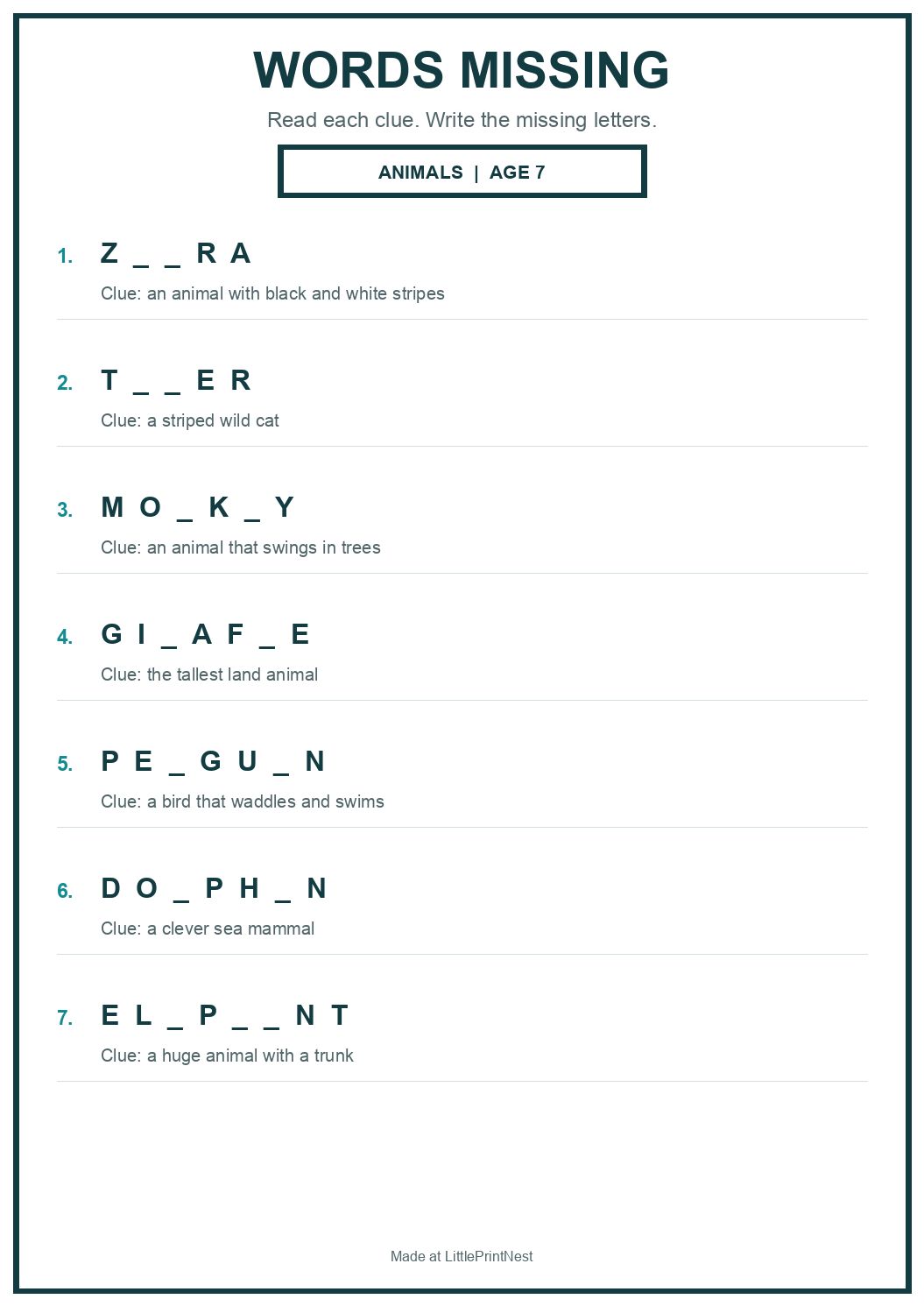 Printable animals words missing worksheet for age 7