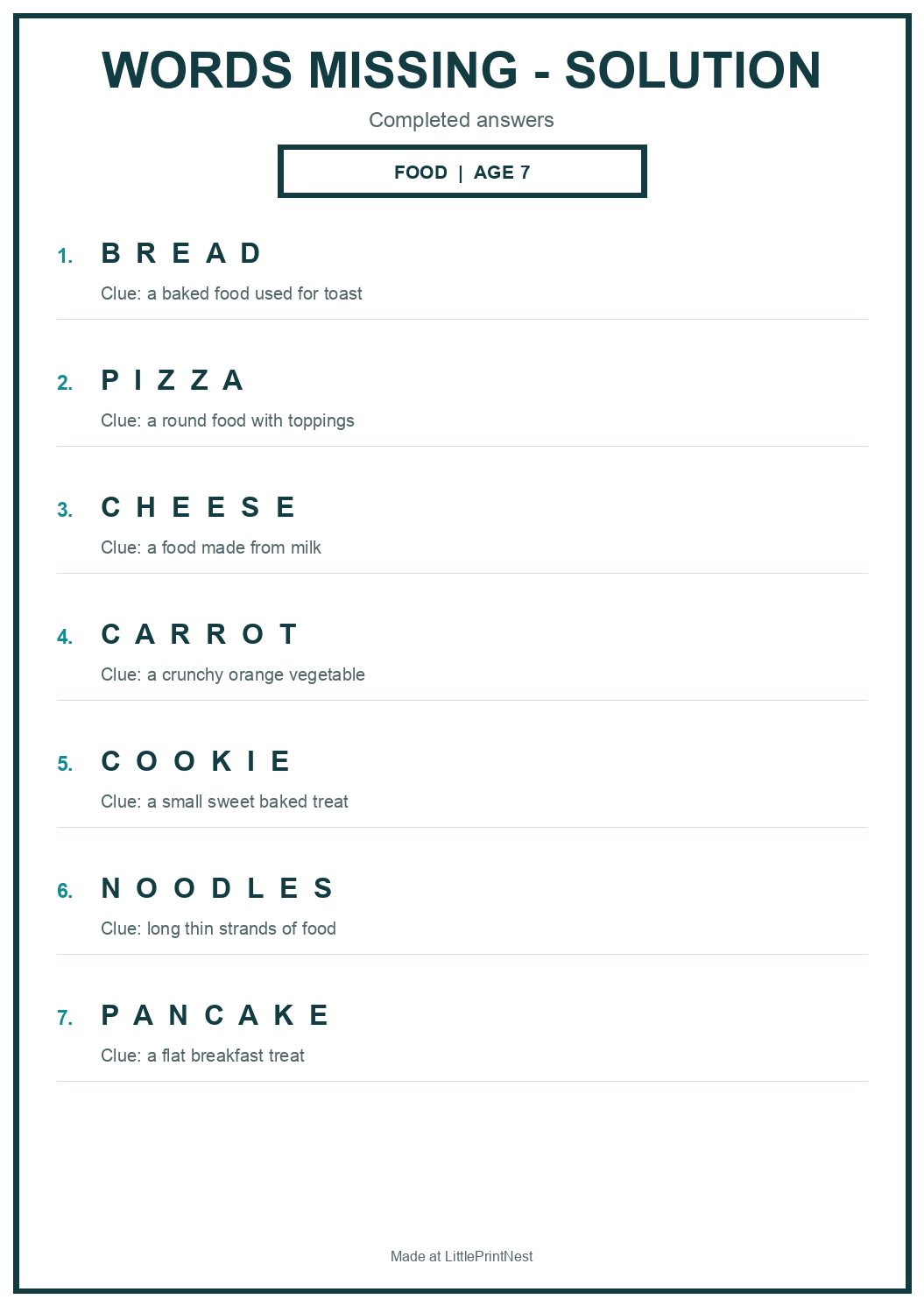 Completed answer key for Food Words Missing Puzzle for Age 7