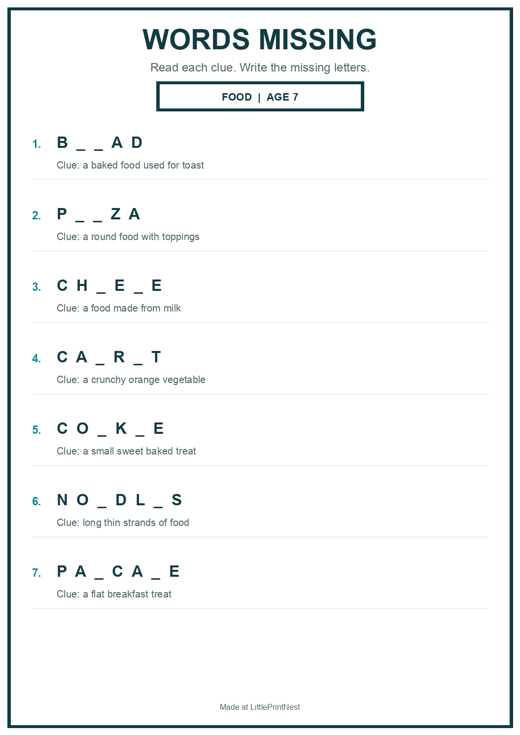 Printable food words missing worksheet for age 7