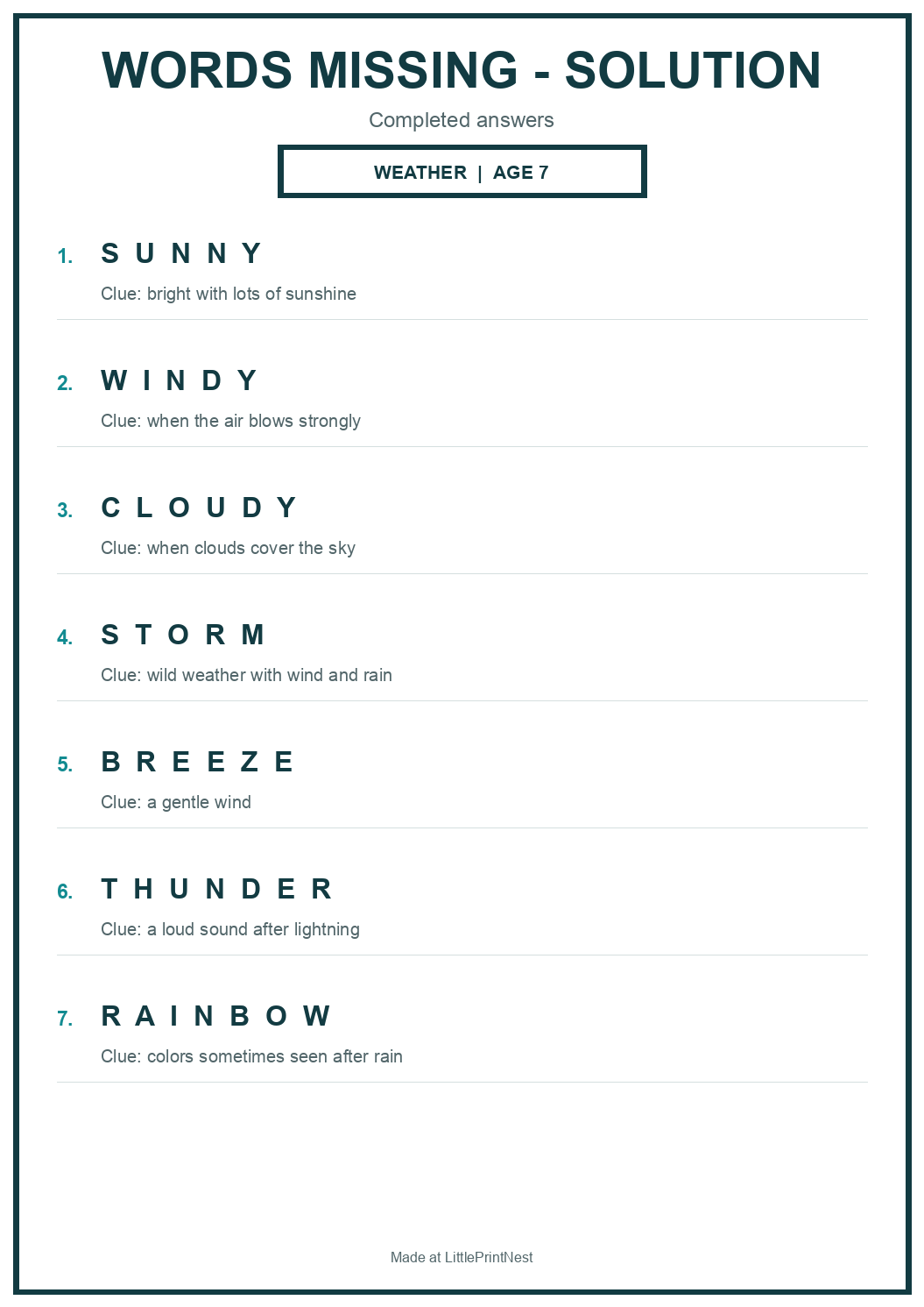 Completed answer key for Weather Words Missing Puzzle for Age 7