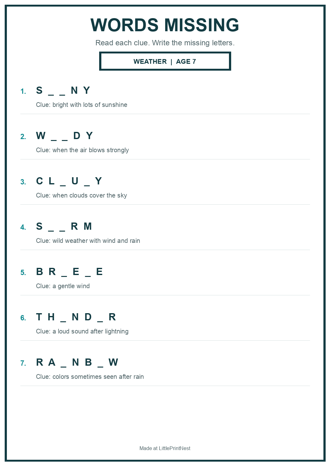 Printable weather words missing worksheet for age 7