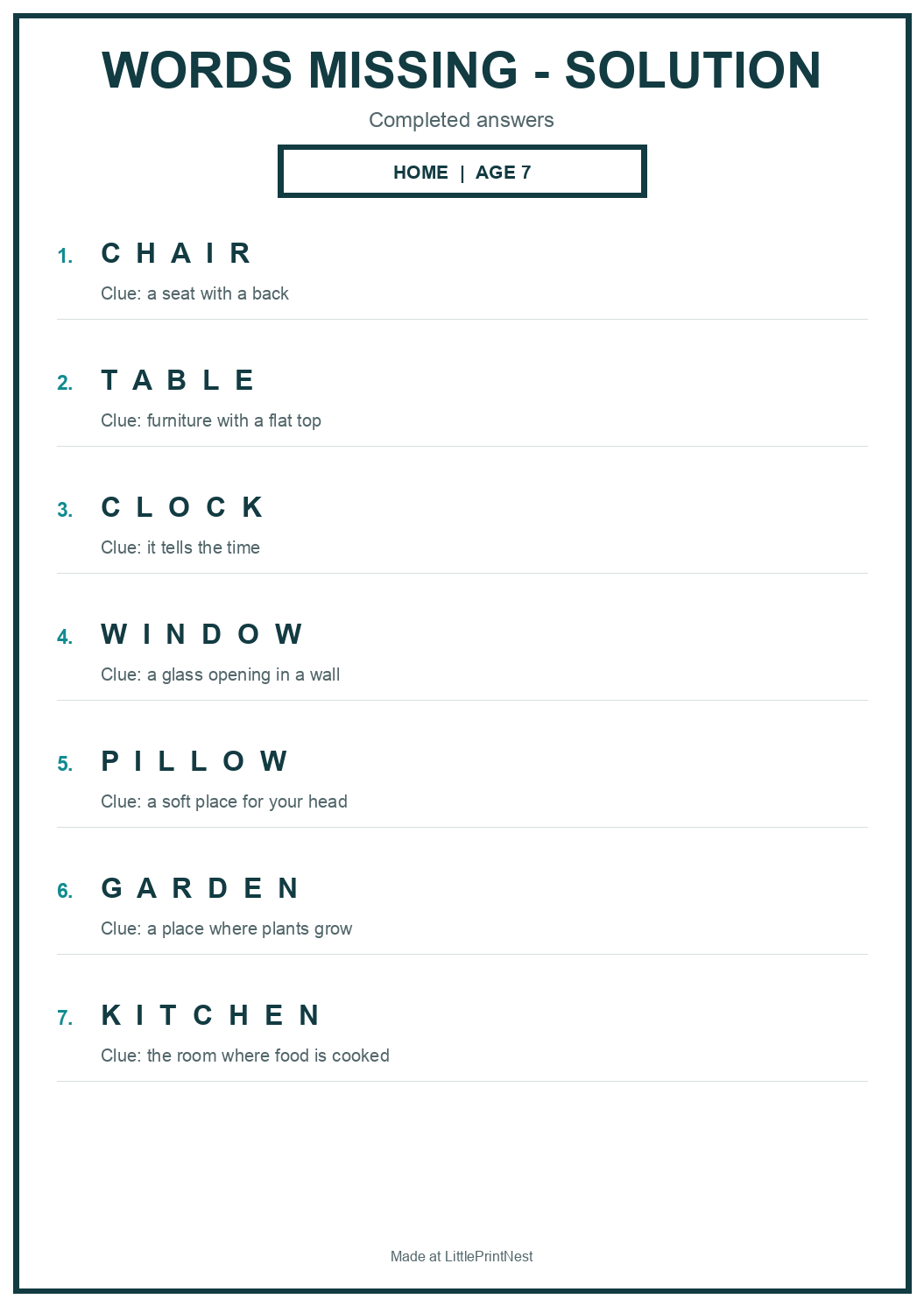 Completed answer key for Home Words Missing Puzzle for Age 7