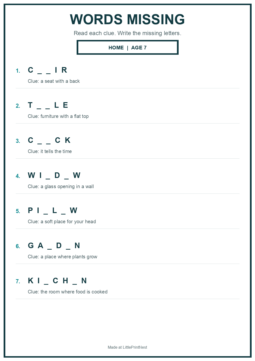 Printable home words missing worksheet for age 7