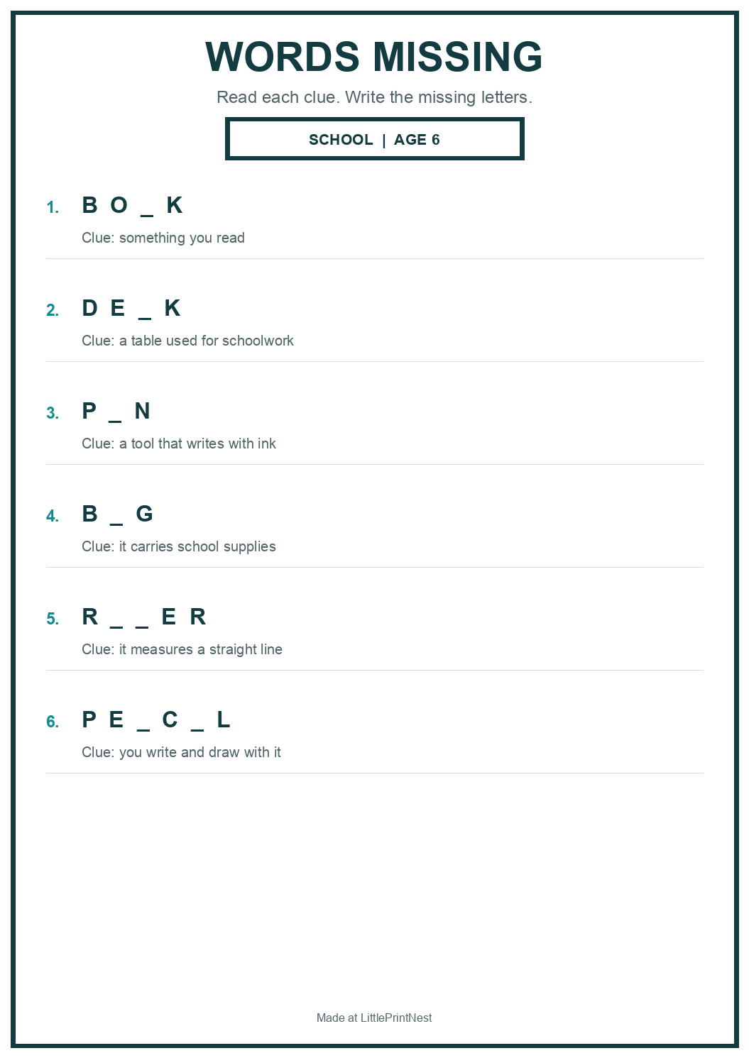 Printable school words missing worksheet for age 6