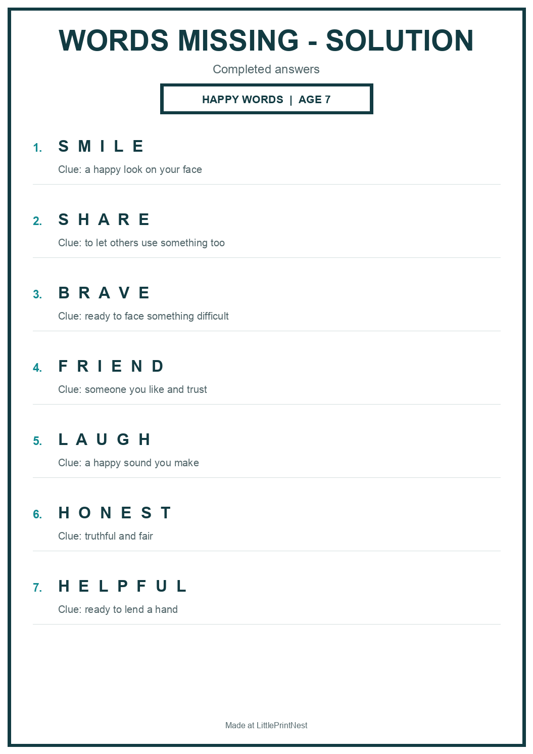 Completed answer key for Happy Words Missing Puzzle for Age 7