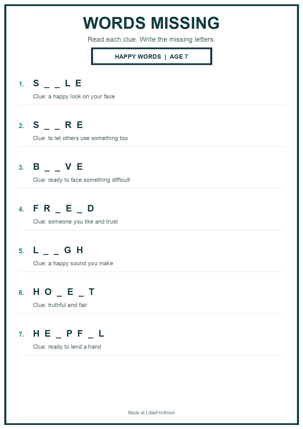 Printable happy words words missing worksheet for age 7