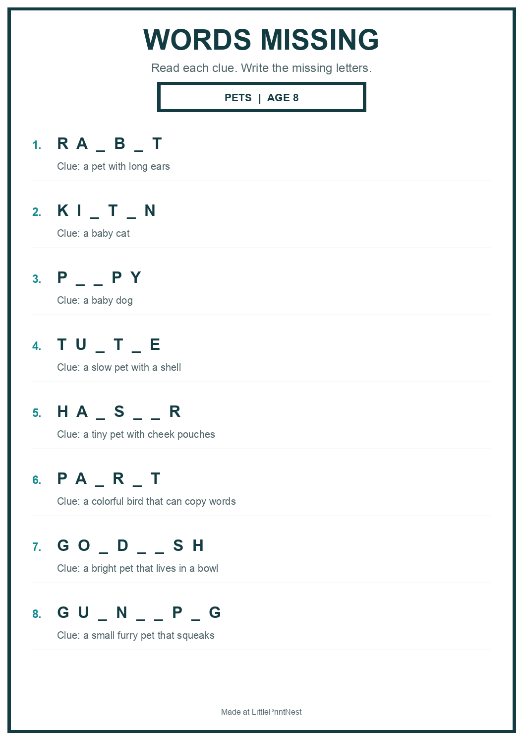 Printable pets words missing worksheet for age 8